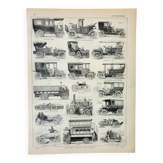 Gravure ancienne 1898, Automobile, voiture, car, véhicule • Lithographie, Planche originale