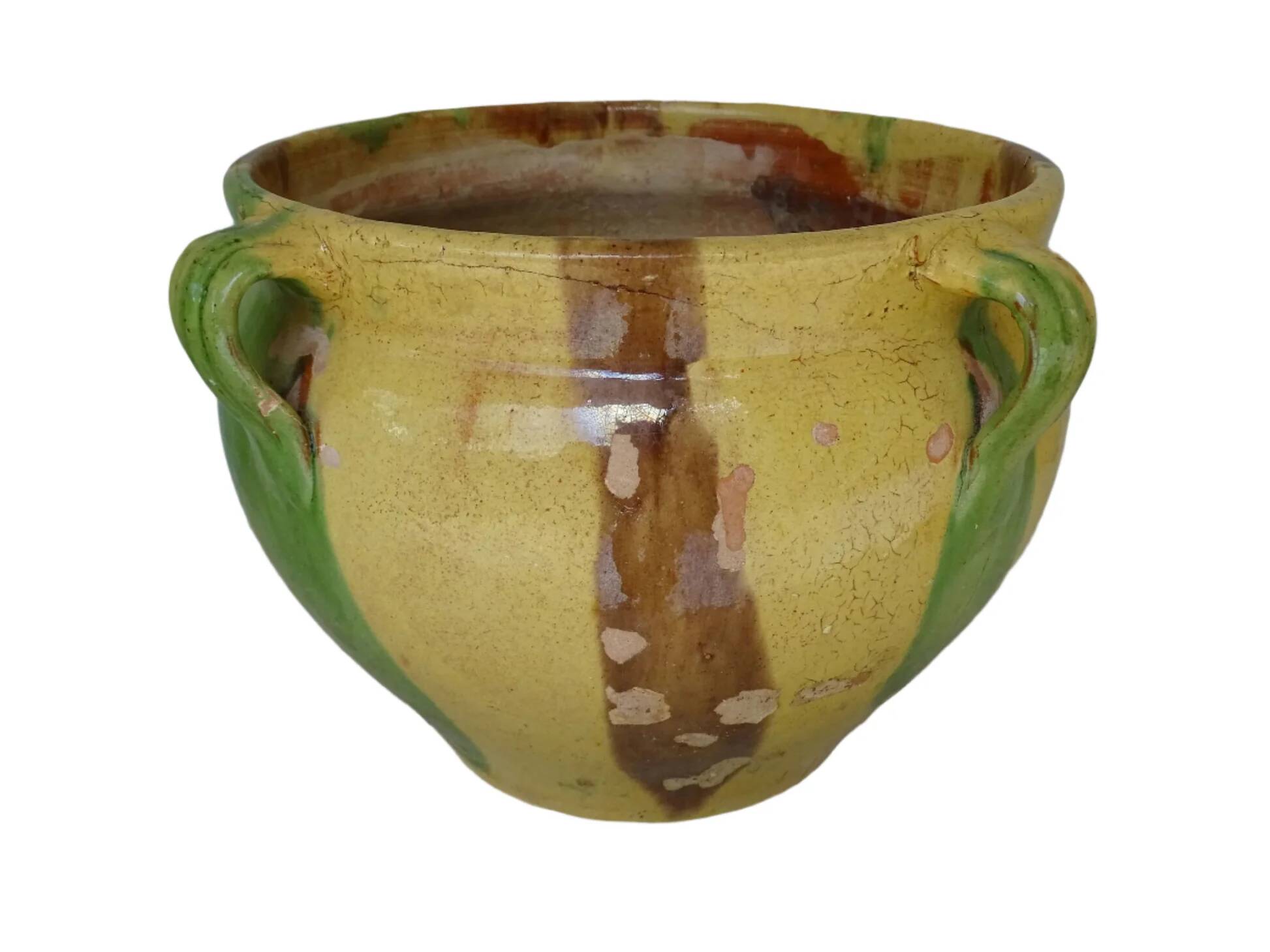 Pot de fleurs ancien en terre cuite émaillée de Castelnaudary, France