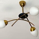 Chandelier 3 fires modernist metal and brass, 3 opalines 60s french design ceiling lamp suspension