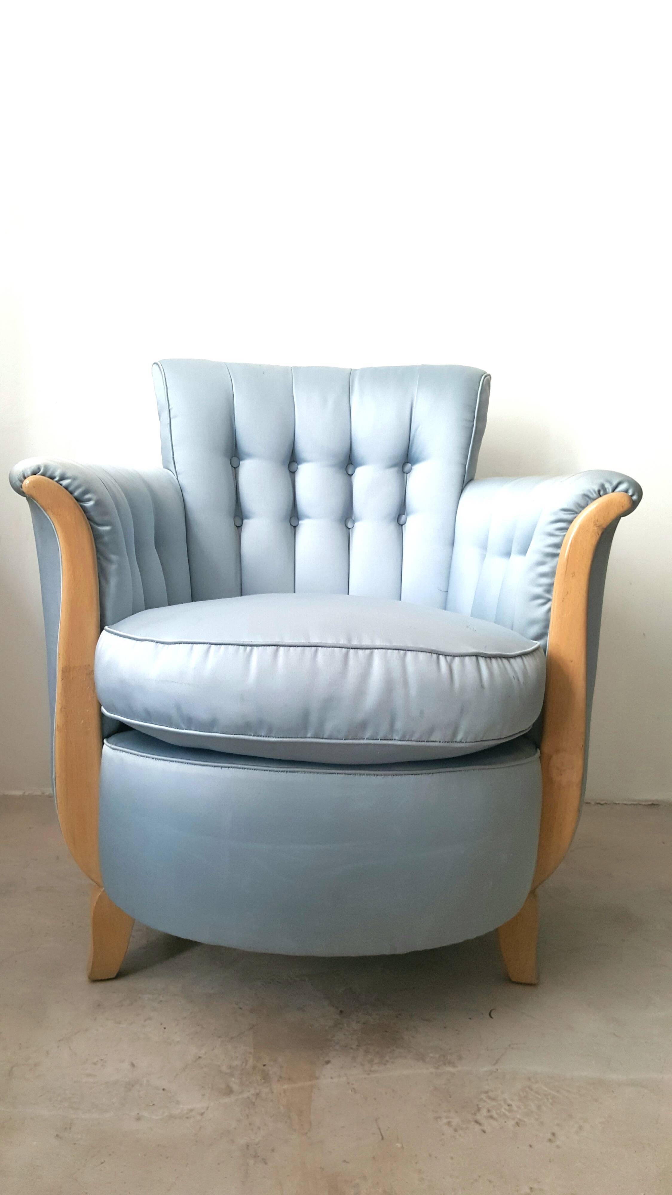 Cocktail chair bas corbeille in sycamore blond and blue silk - art deco 1930