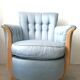 Cocktail chair bas corbeille in sycamore blond and blue silk - art deco 1930