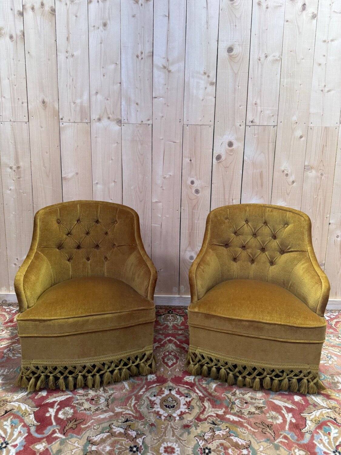 Pair of Napoleon III crapaud armchairs in mustard yellow velvet.