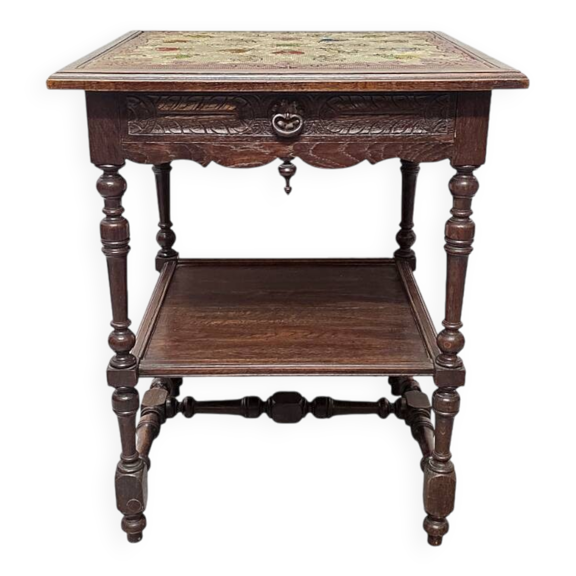 Antique French oak Side Table With Embroidered Top, late 1800s