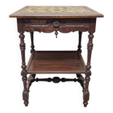 Antique French oak Side Table With Embroidered Top, late 1800s