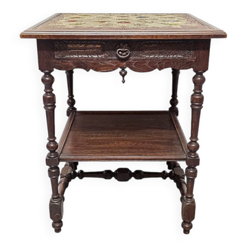 Antique French oak Side Table With Embroidered Top, late 1800s