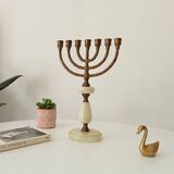 Vintage Hebrew Menorah Candlestick in Solid Brass and Onyx from the 60s