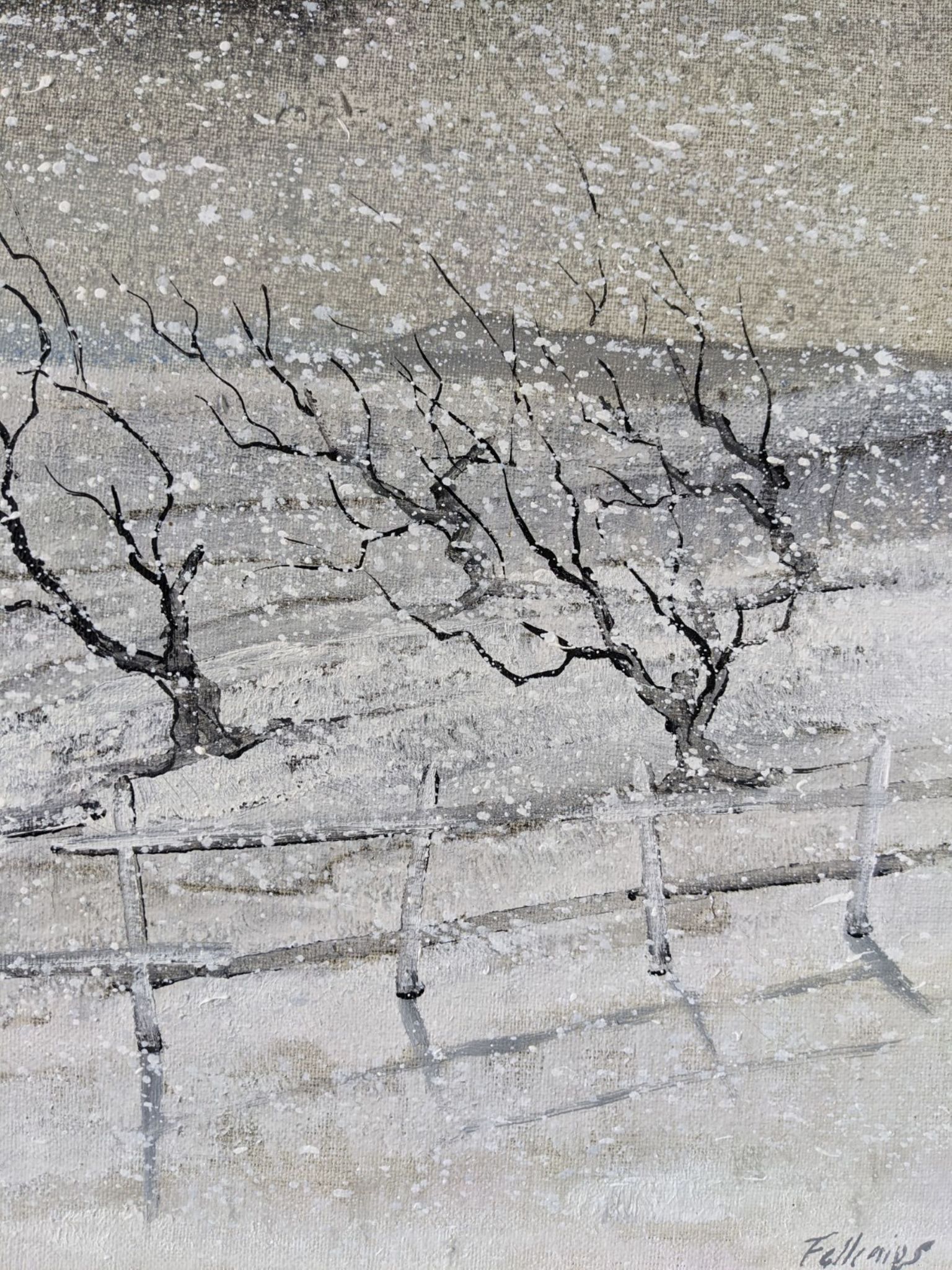 Mid-Century Modern Swedish "Snowfall" Vintage Winter Landscape Oil Painting, Framed