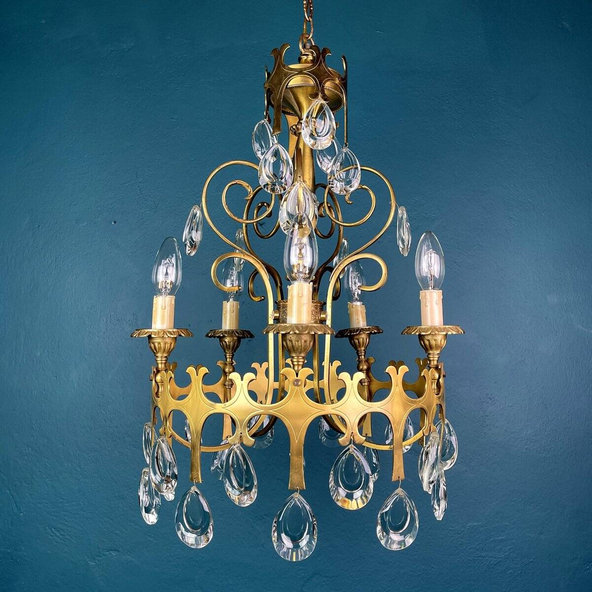 Vintage Chandelier with Crystal Drops, Italy, 1960s