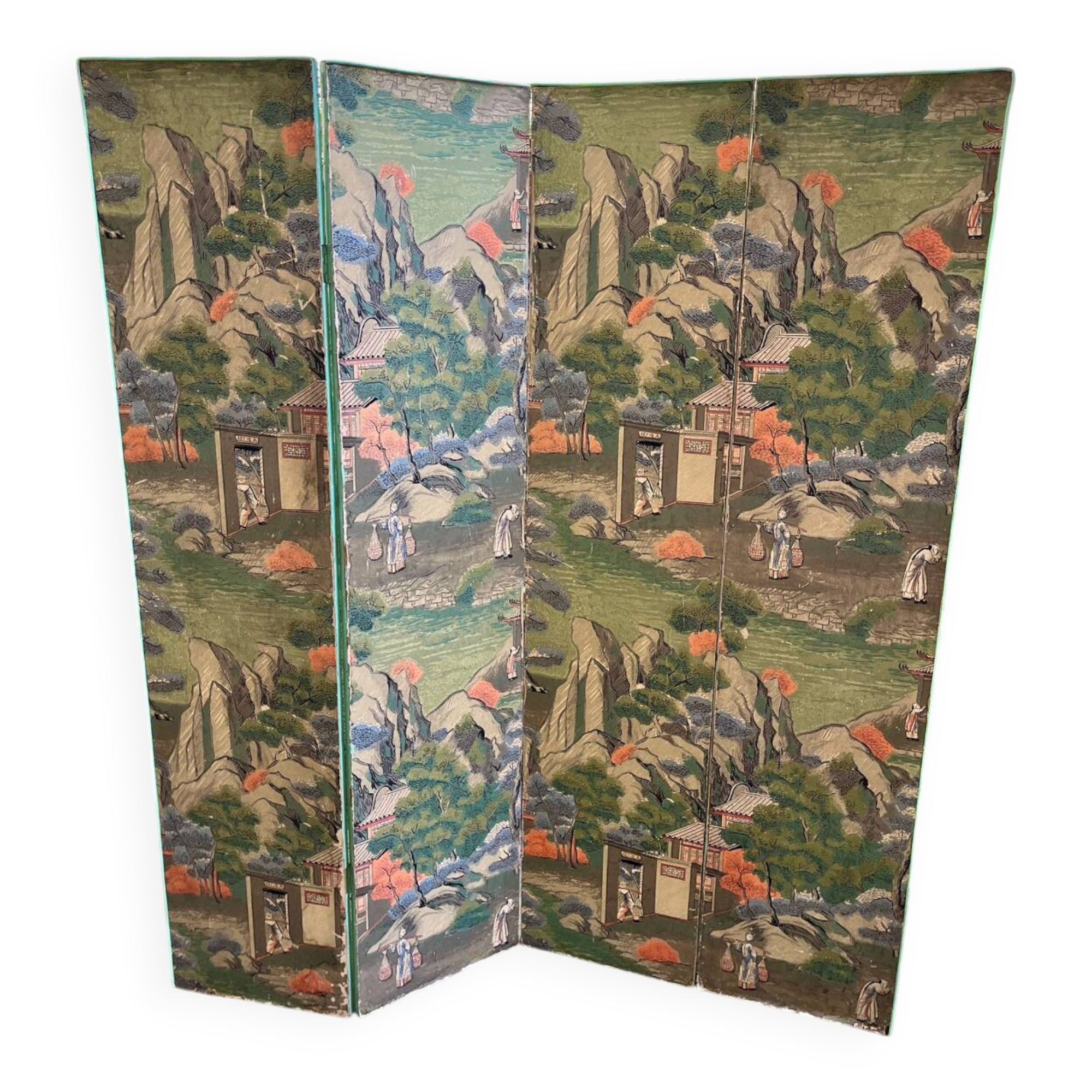 Wooden screen in Asian style, covered with Chinese wallpaper.