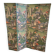 Wooden screen in Asian style, covered with Chinese wallpaper.