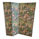 Wooden screen in Asian style, covered with Chinese wallpaper.