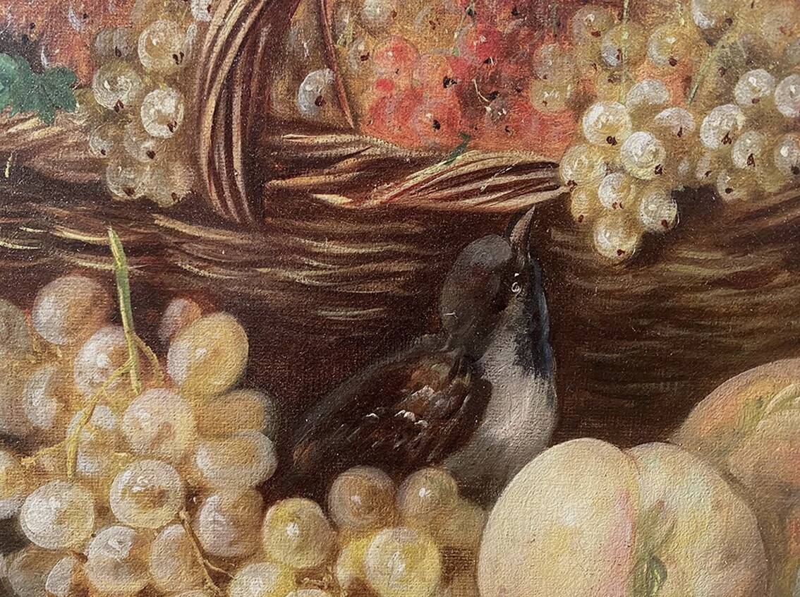"Still Life with Fruits and Birds", oil on canvas, late 19th century.