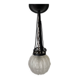 1930s Art Deco pendant light in frosted glass and wrought iron