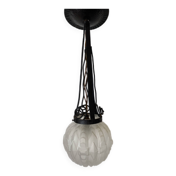 1930s Art Deco pendant light in frosted glass and wrought iron