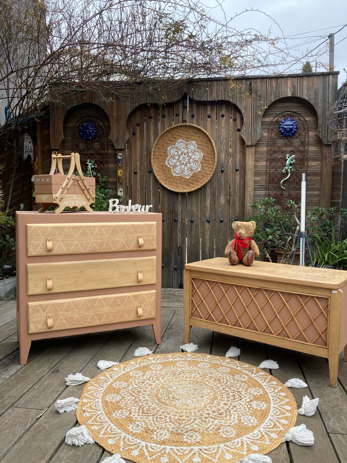 Beautifully restyled compact ethnic bohemian chest of drawers.