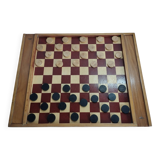 Plateau de jeu ancien en bois, jeu des petits chevaux et jeu de dames