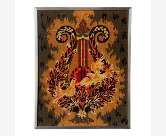 Tapestry circa 1970-1980 decoration of birds aluminum frame