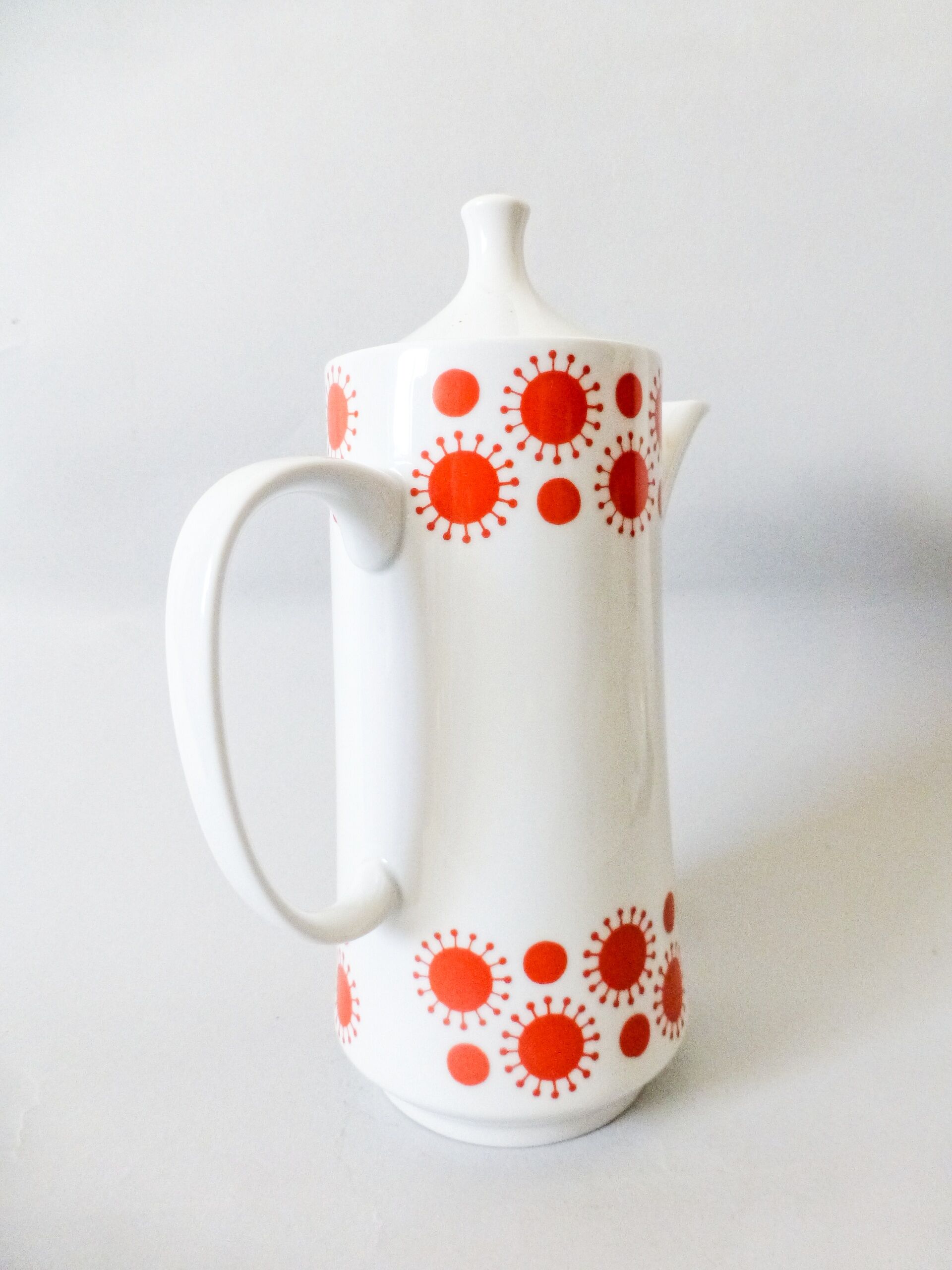 Vintage  Porcelain Coffee Pot: 1970s Red Sunny Pattern