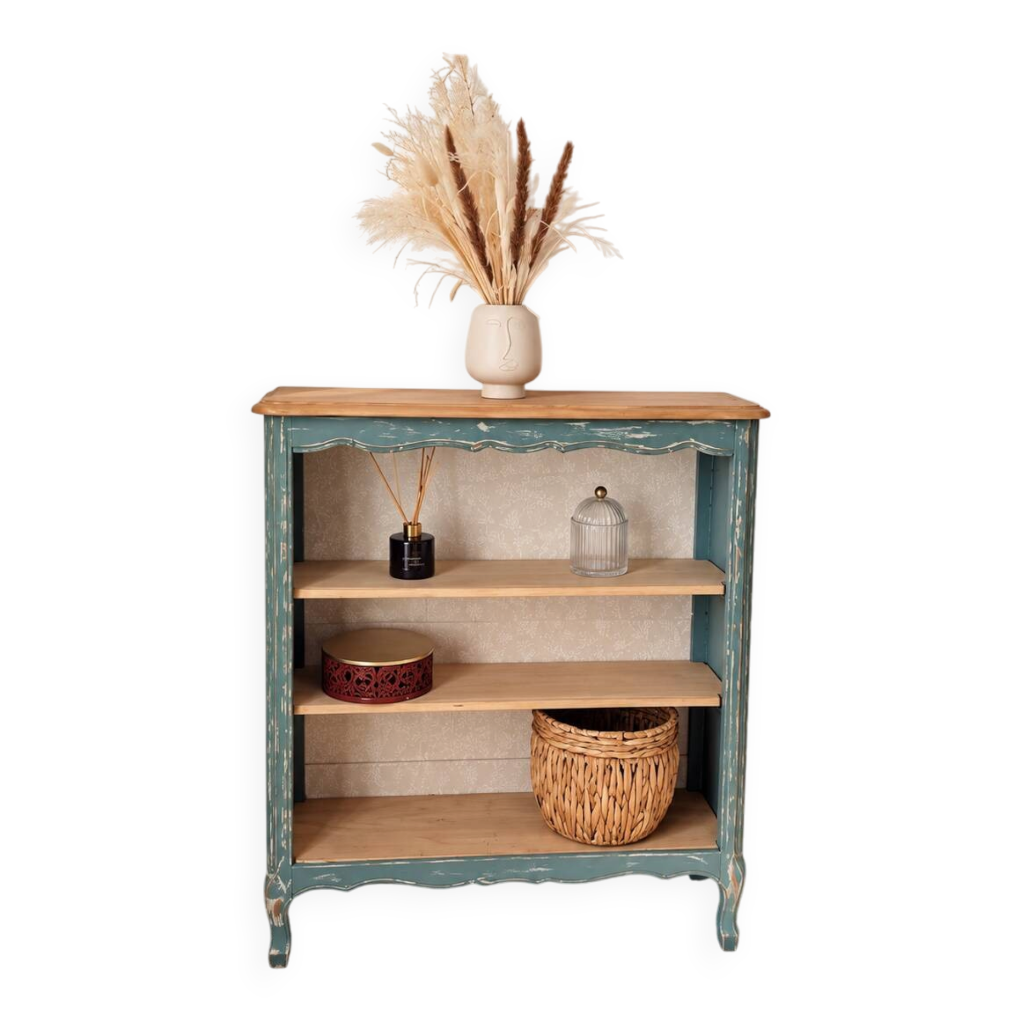 Antique wooden bookshelf with a patinated blue-green finish.