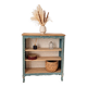 Antique wooden bookshelf with a patinated blue-green finish.