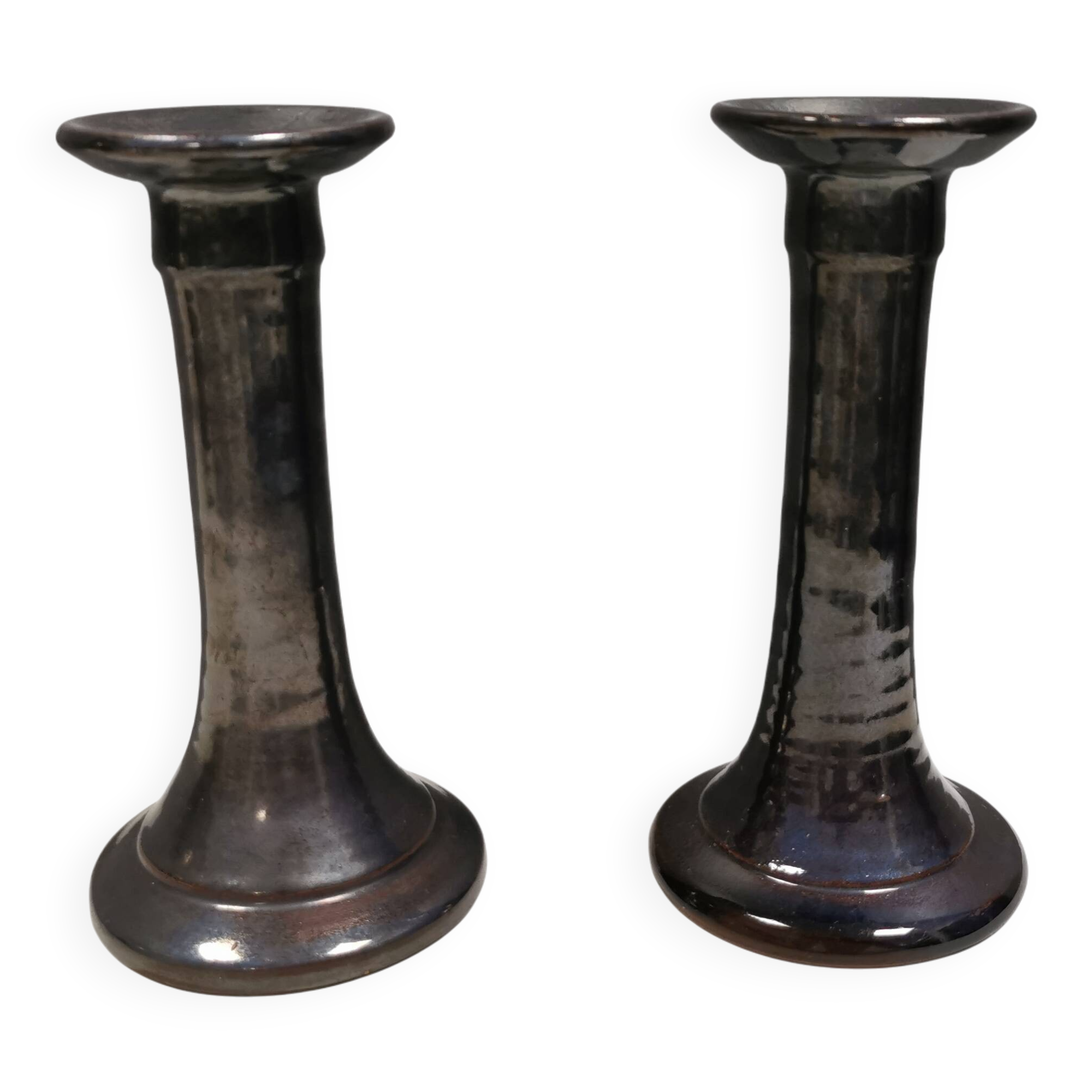 A set of ceramic candlesticks in bluish metallic glaze, Denmark 1980s