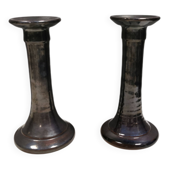 A set of ceramic candlesticks in bluish metallic glaze, Denmark 1980s