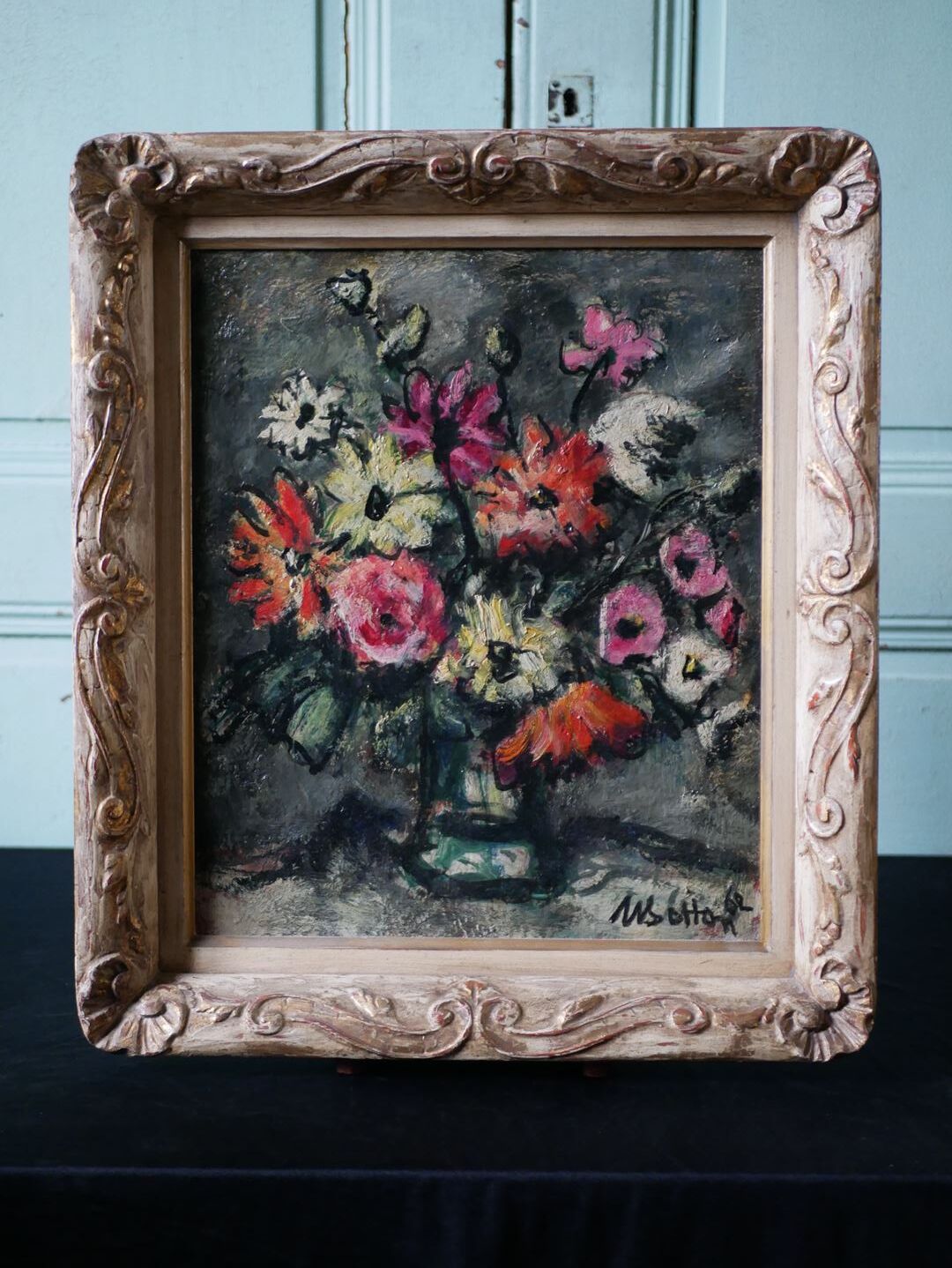 Old oil on canvas, bouquet of flowers, Montmartre style frame