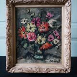 Ancienne huile sur toile, bouquet de fleurs, encadrement de style montmartre