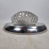 Plafonnier vintage, bague chromée et abat-jour en verre bullé