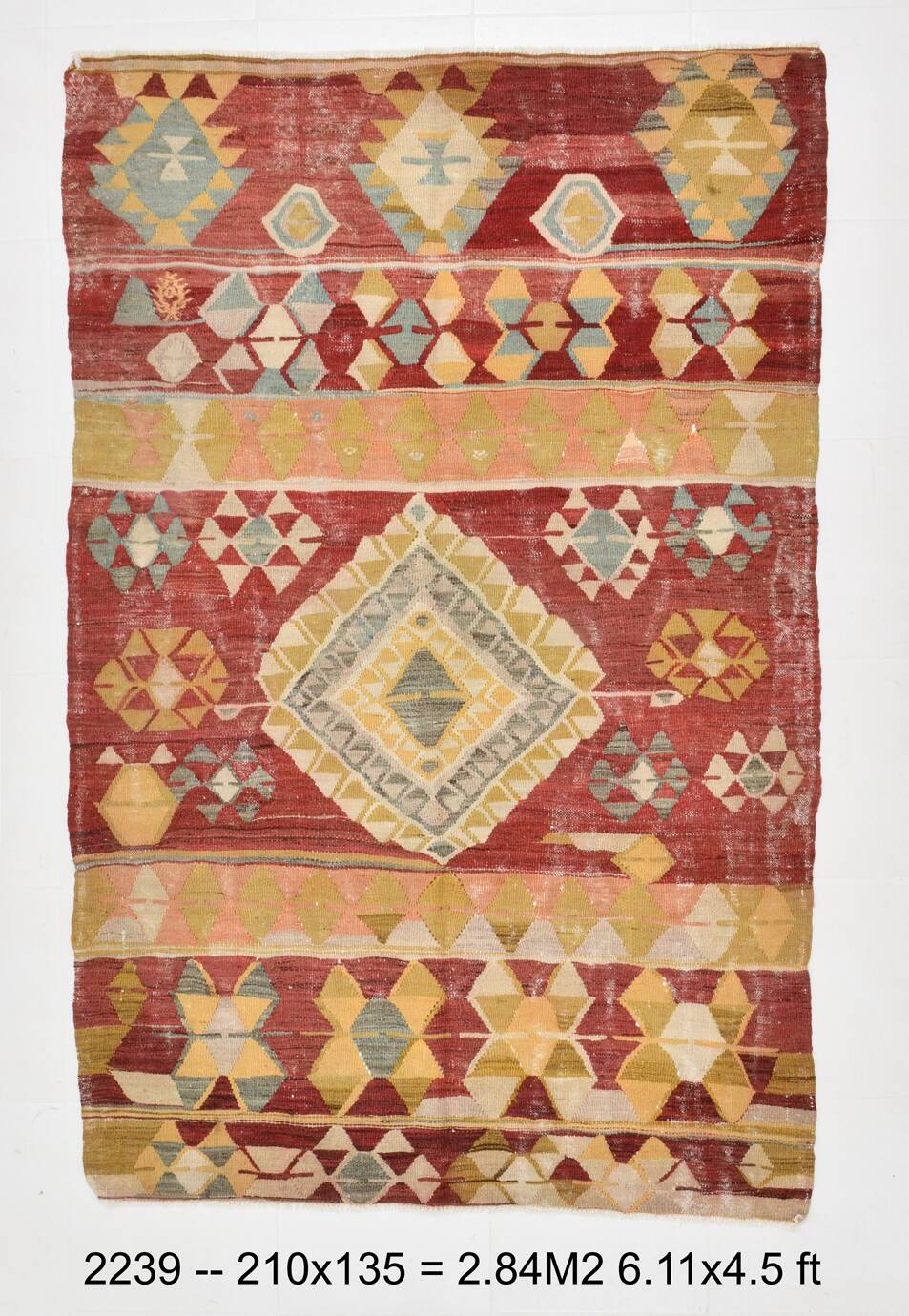 4x7 Red Green Turkish Vintage Kilim Rug 135x210Cm SK 2239