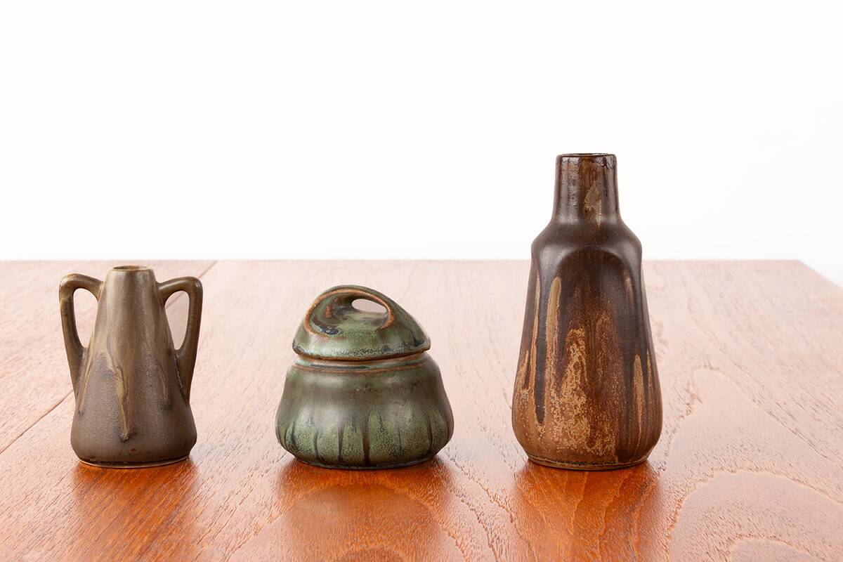 Lot de 3 céramiques Denbac Art-Déco en grès flammé 1930.