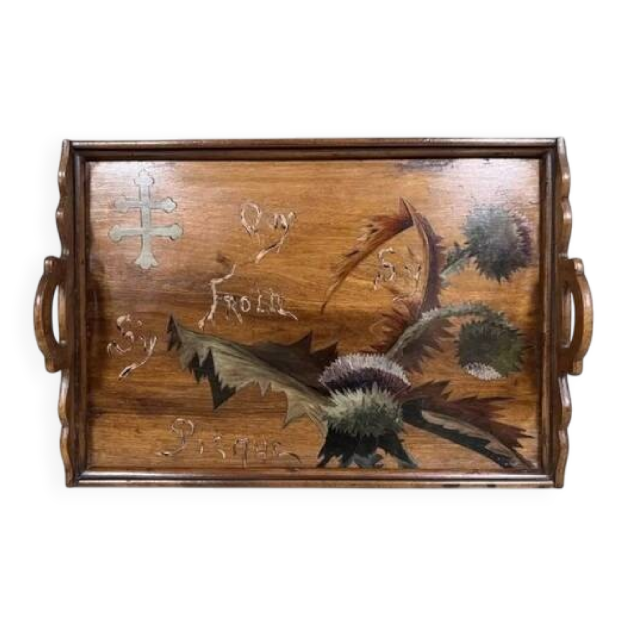 After Emile Gallé: Rectangular wooden tray with marquetry decoration
