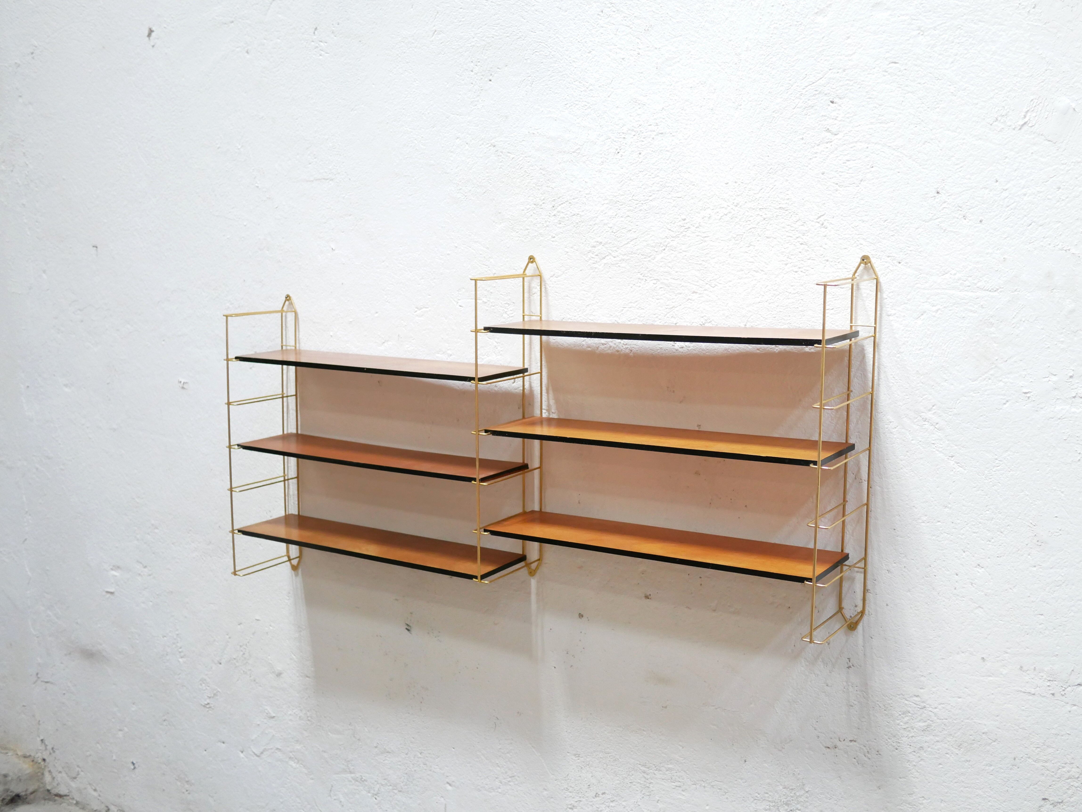 Vintage modular wall shelf in brass and wood