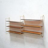 Vintage modular wall shelf in brass and wood