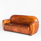 Vintage leather club sofa. Art Deco style. France, 1950s. (sofa convertible into bed)