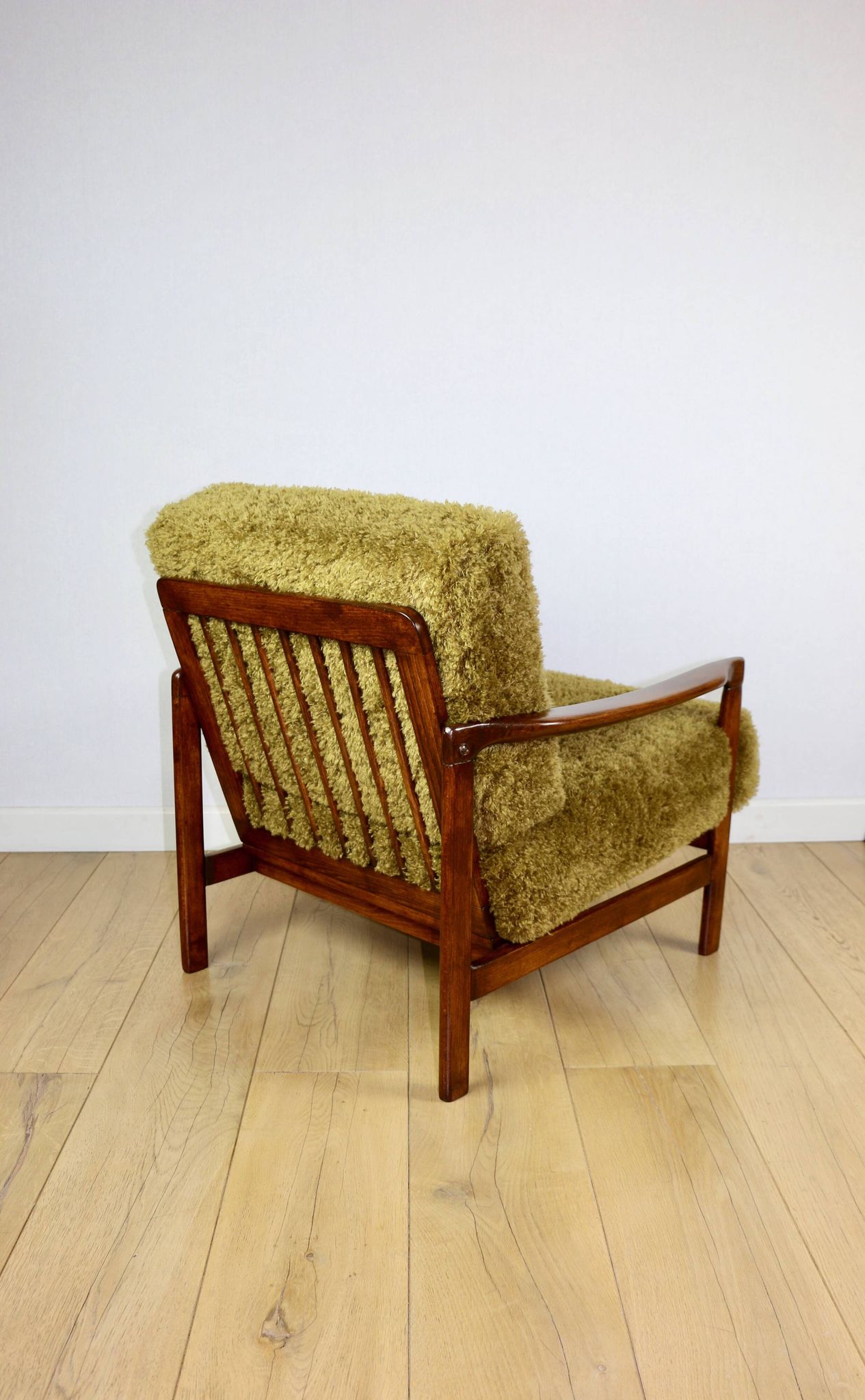 Wooden vintage brown armchair Khaki / Olive long hair Fox by Z. Bączyk - 2 pieces available