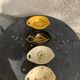 4 enameled ceramic bowls with gold or bird or flower pattern decoration, design and vintage 1950