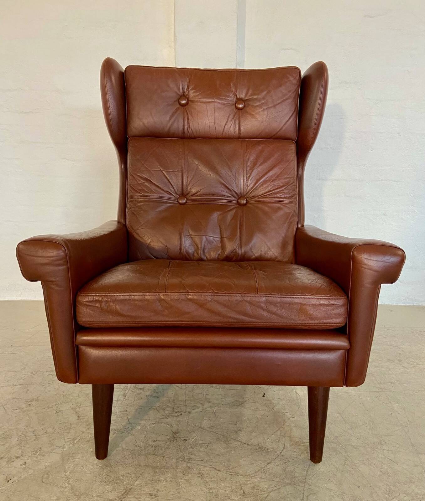 Vintage Danish retro mid-century Svend Skipper caramel brown leather chair