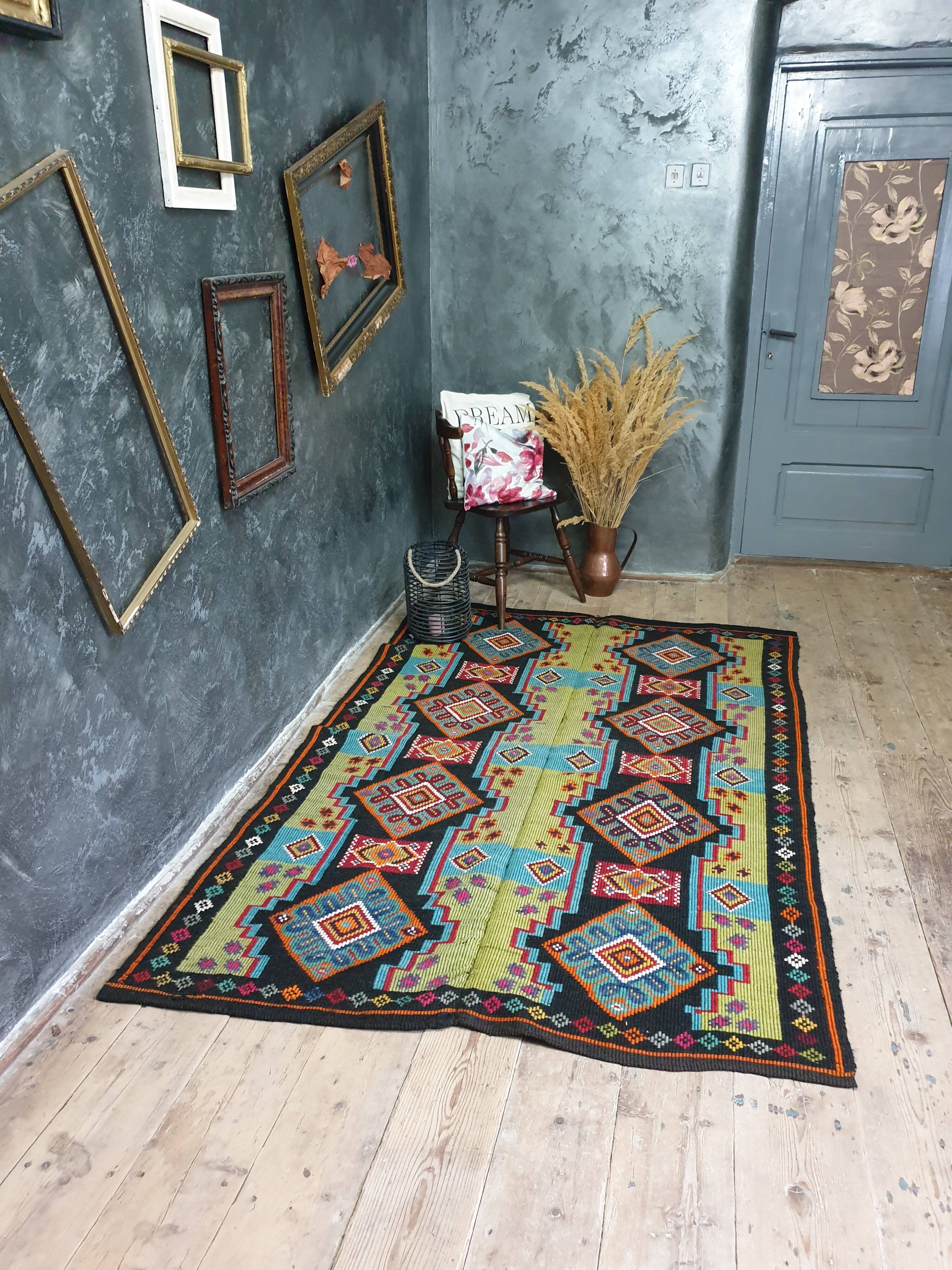 Handwoven vintage accent geometrical rug, colorful wool, Romanian carpet 220x146cm