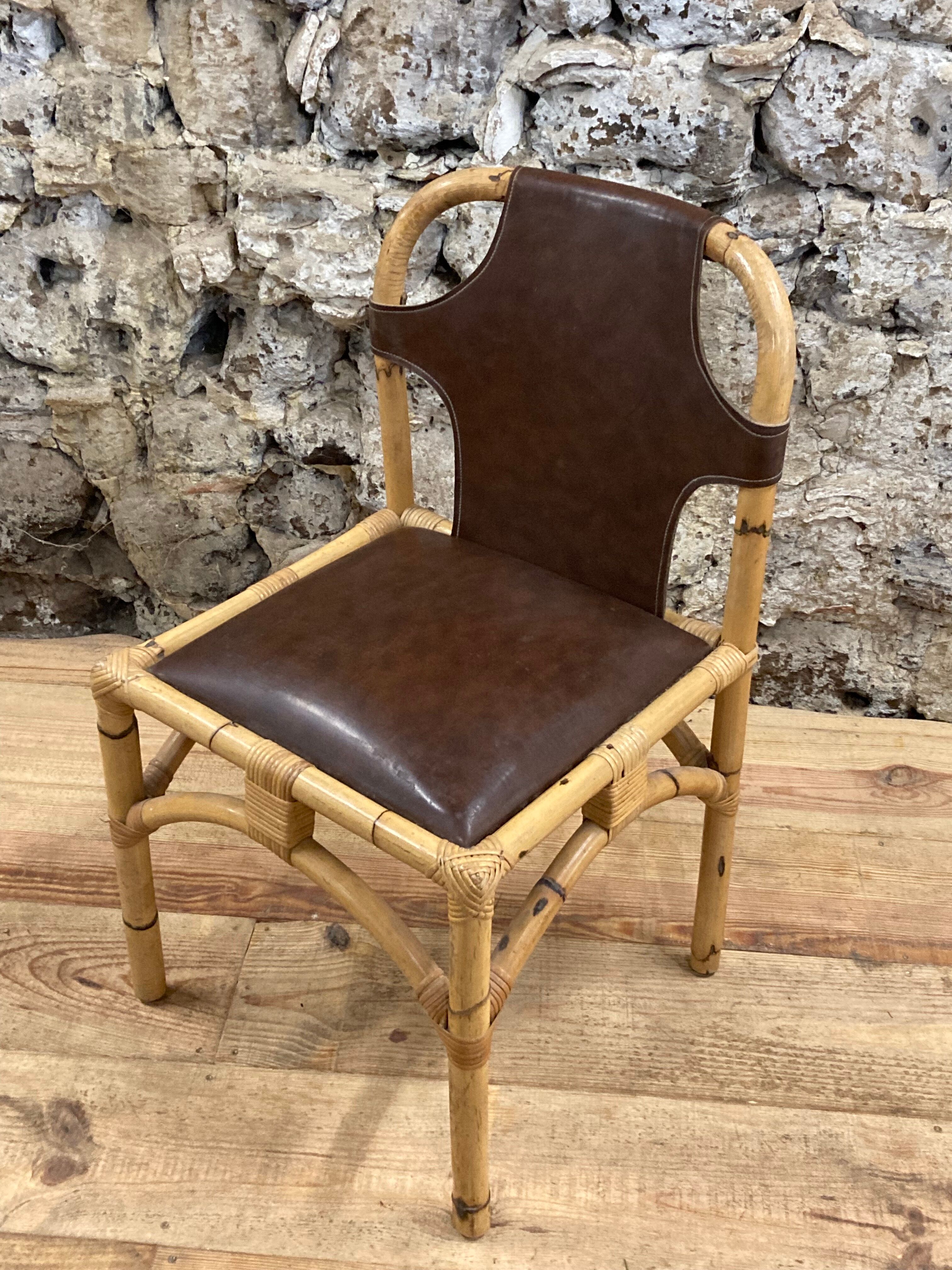 Vintage chair in rattan and bamboo and brown leather
