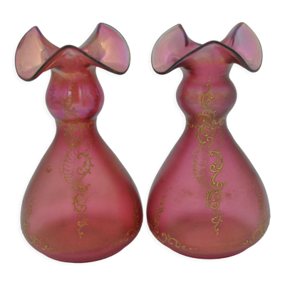 Ancienne paire de vases pâte de verre réhaussée d'émail doré décor art nouveau