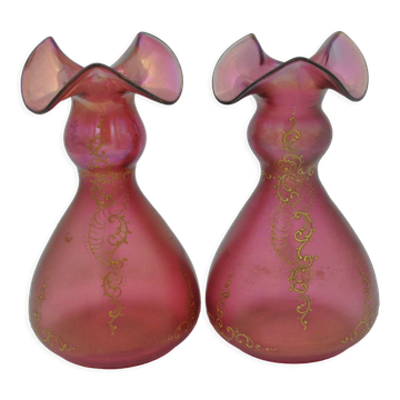 Ancienne paire de vases pâte de verre réhaussée d'émail doré décor art nouveau