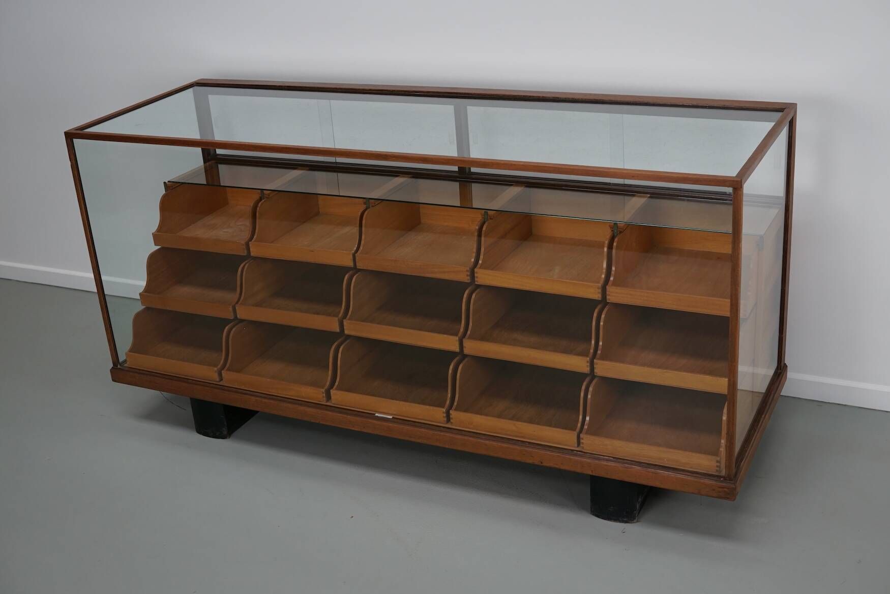 Antique British maple & hardwood haberdashery cabinet or shop counter, 1930s