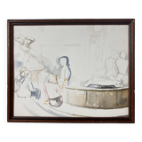 Watercolor drawing of figures in an amphitheater with a plaster model