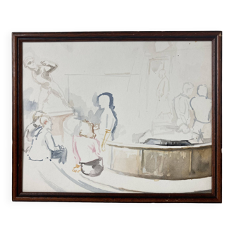 Watercolor drawing of figures in an amphitheater with a plaster model