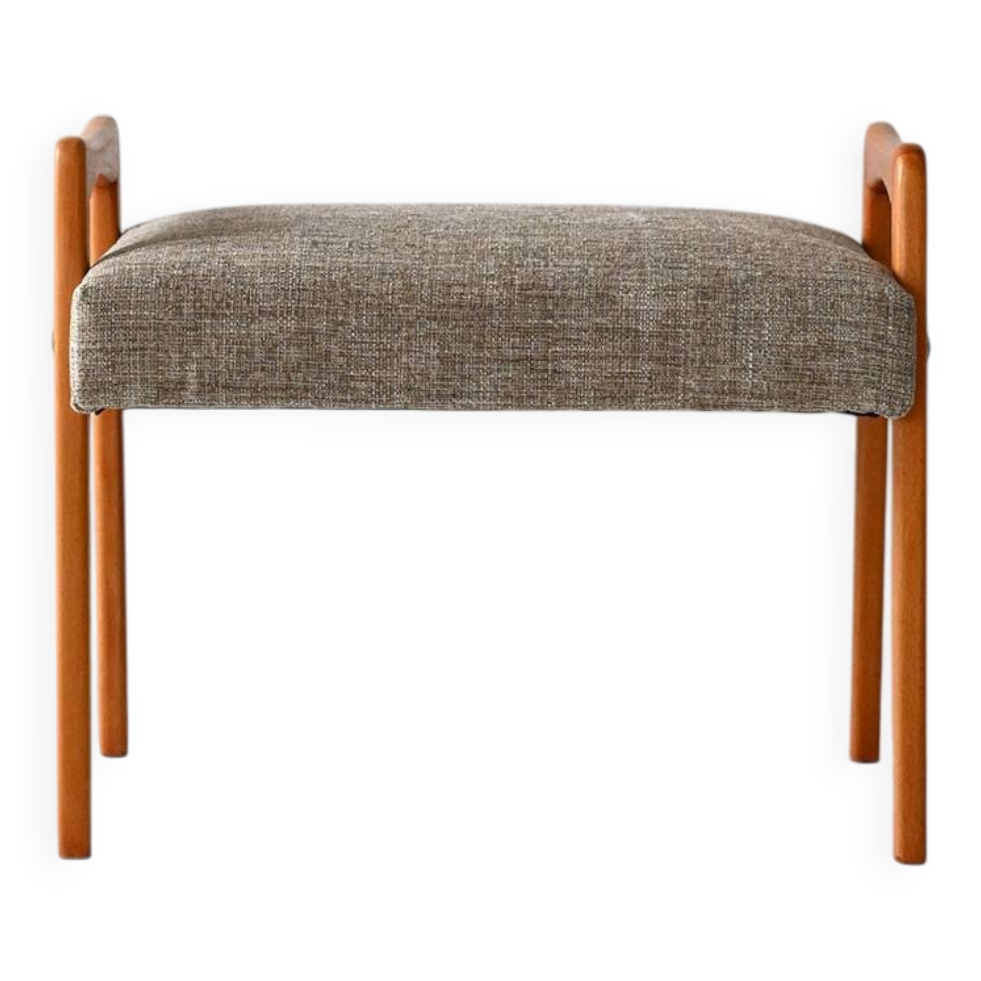 Vintage Scandinavian oak footstool with grey upholstery