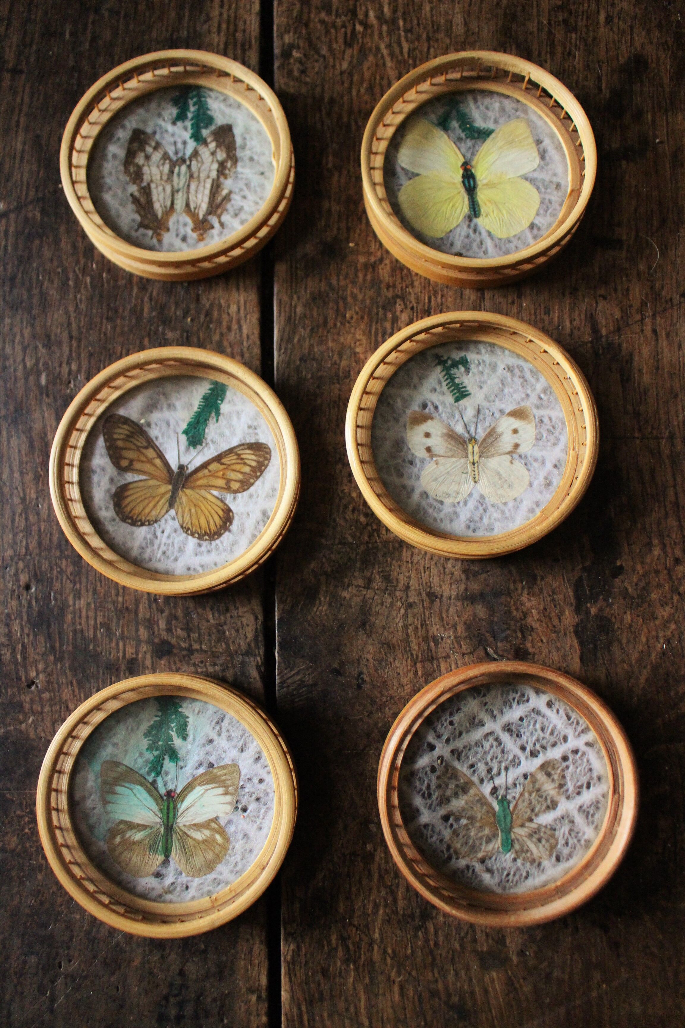 Un lot de 6 dessous de verre ronds bambou vintage papillons