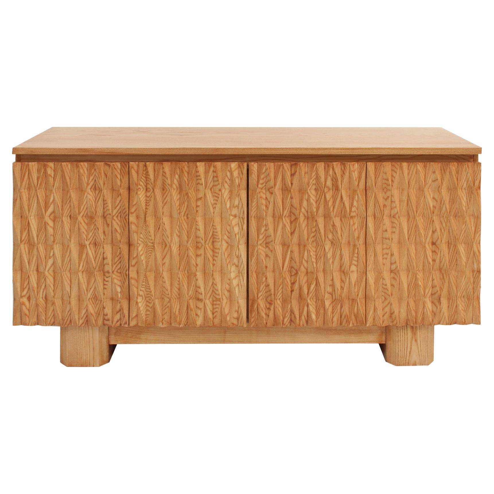 Hand-Carved Solid Oak Italian Sideboard with Four Doors, Brutalist Style