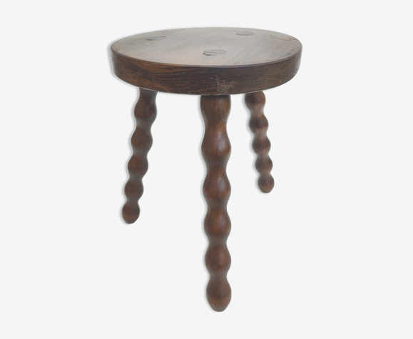 Tabouret vintage tripode en bois massif pieds perlés