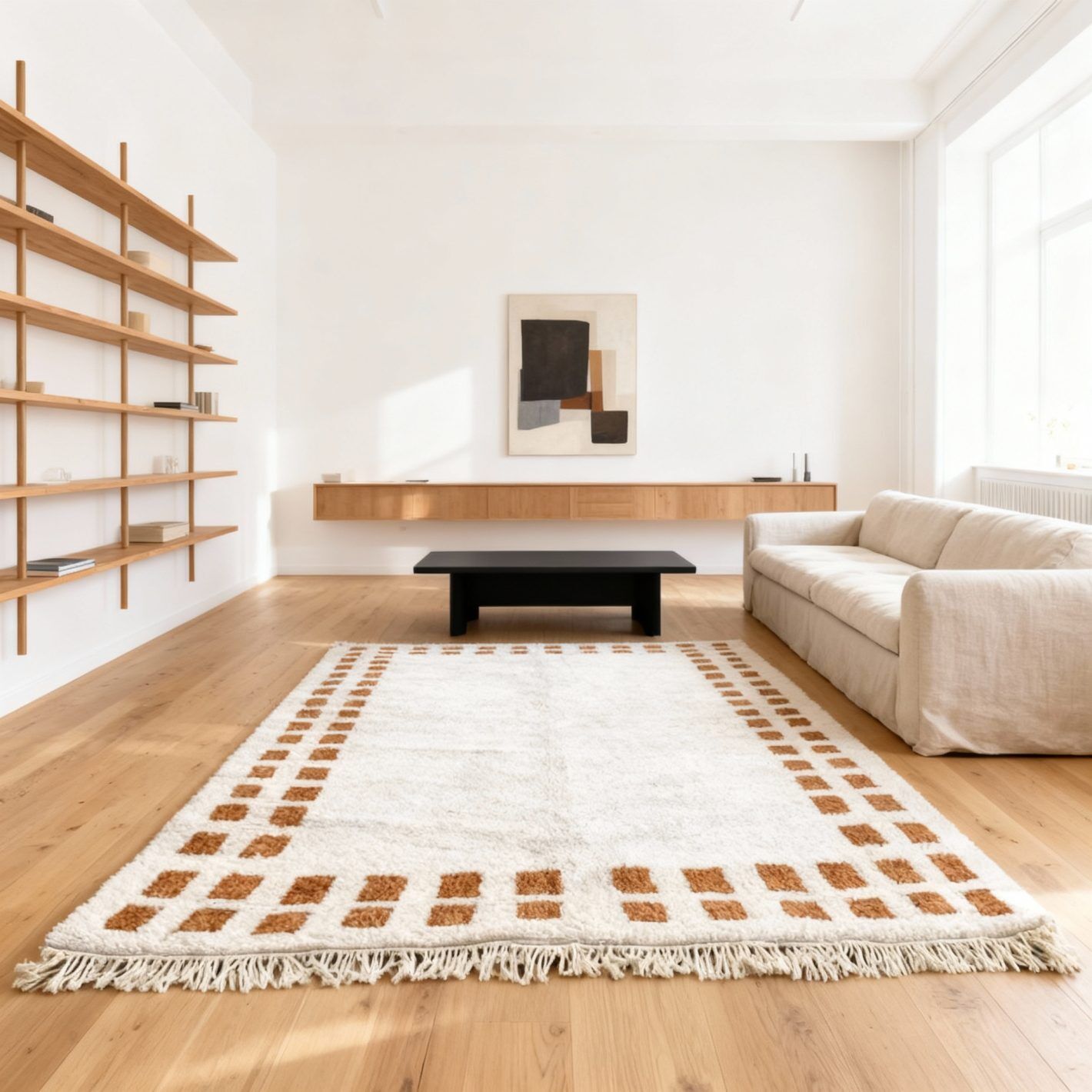 Wool rug with terracotta border – Handmade long-haired Berber